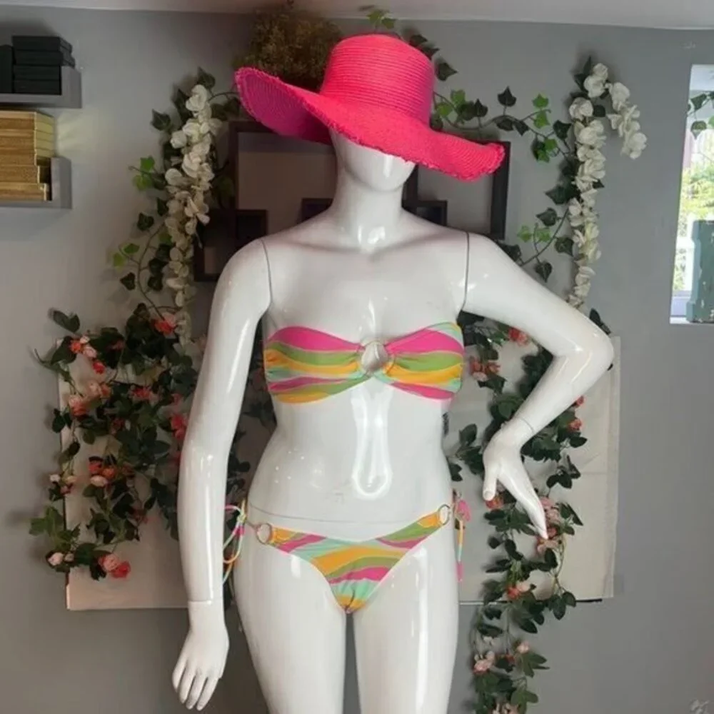 Forplay Strapless Cheeky Gold O Ring Side Tie Bikini Size M‎ RefFNB